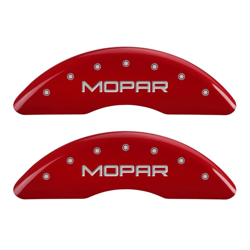 Load image into Gallery viewer, MGP 4 Caliper Covers Engraved Front &amp; Rear MOPAR Red finish silver ch
