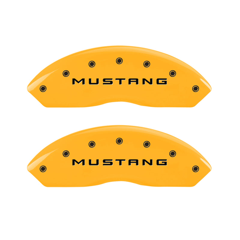 Load image into Gallery viewer, MGP 4 Caliper Covers Engraved Front Mustang Engraved Rear Bar &amp; Pony Yellow finish black ch

