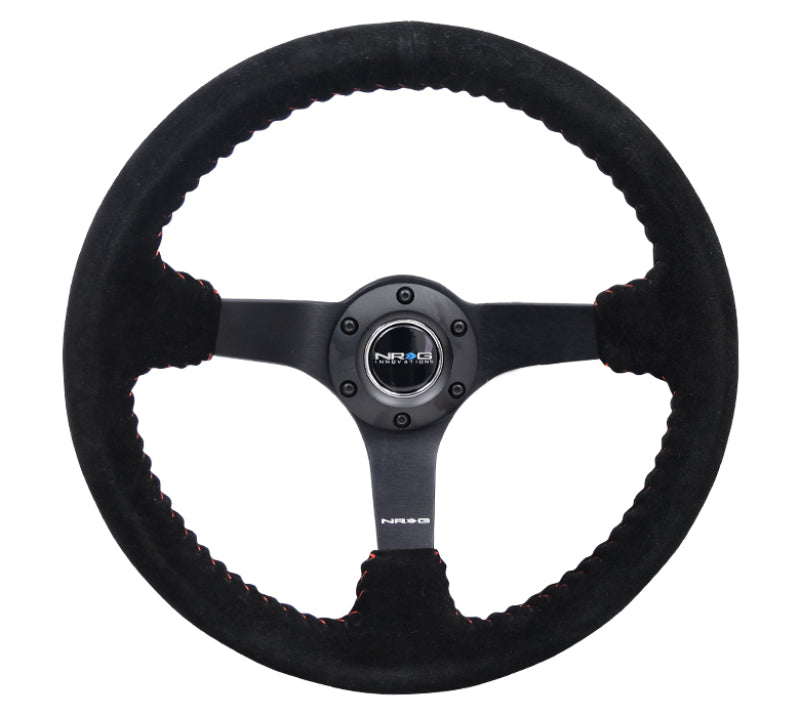 Load image into Gallery viewer, NRG Reinforced Steering Wheel (350mm / 3in. Deep) Blk Suede/Red BBall Stitch w/5mm Matte Blk Spokes
