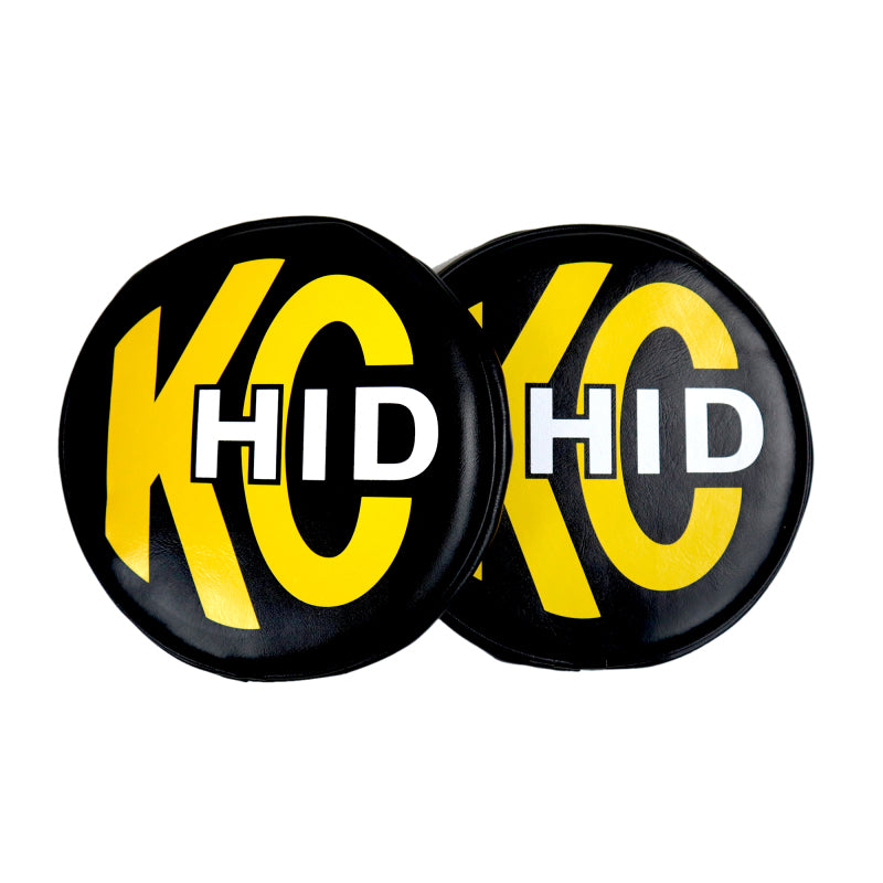 Load image into Gallery viewer, KC HiLiTES 8in. Round Soft Cover HID (Pair) - Black w/Yellow Brushed KC Logo
