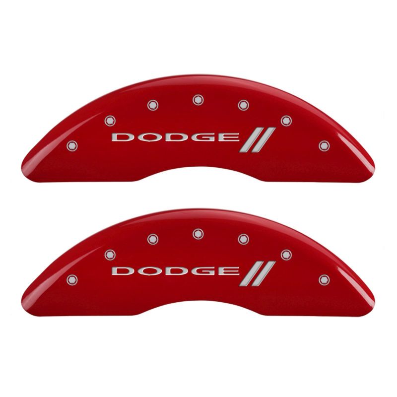 Load image into Gallery viewer, MGP 4 Caliper Covers Engraved Front &amp; Rear With stripes/Dodge Red finish silver ch
