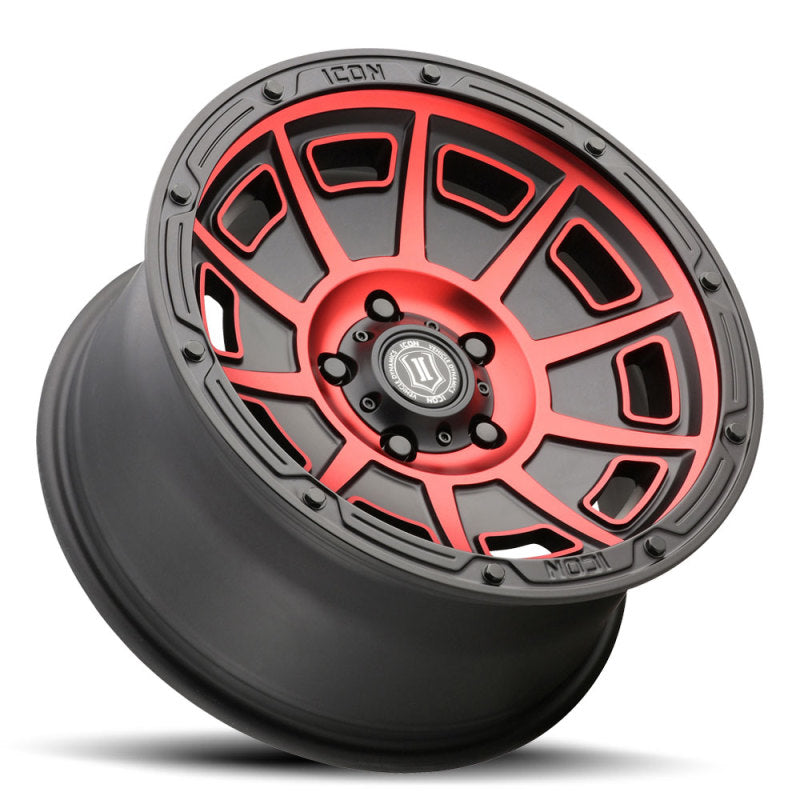 Load image into Gallery viewer, ICON Victory 17x8.5 5x4.5 0mm Offset 4.75in BS Satin Black w/Red Tint Wheel

