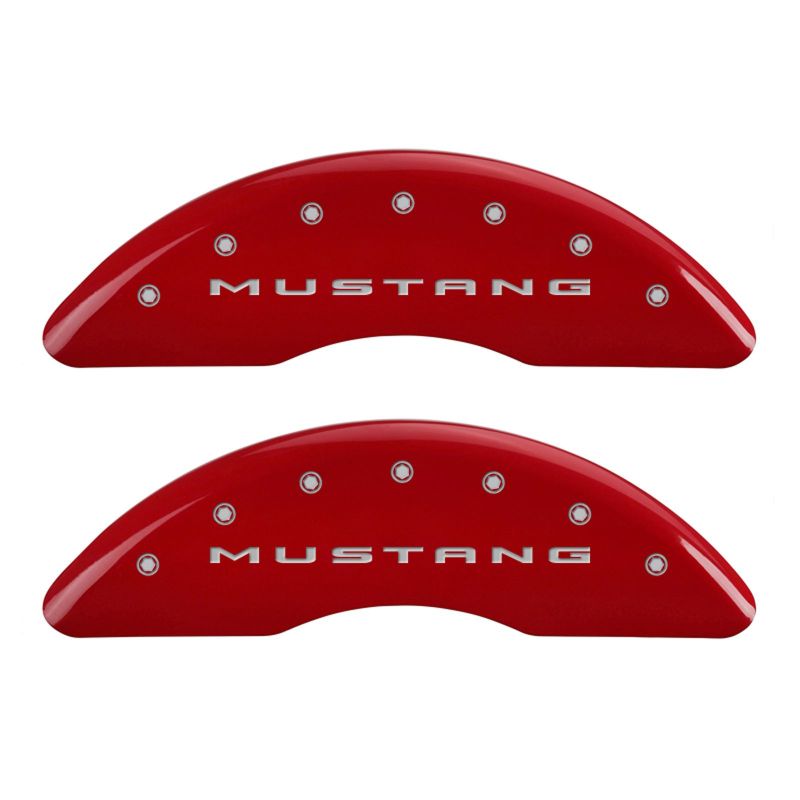 Load image into Gallery viewer, MGP 4 Caliper Covers Engraved Front 2015/Mustang Engraved Rear 2015/37 Red finish silver ch
