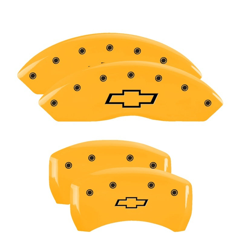 Load image into Gallery viewer, MGP 4 Caliper Covers Engraved Front &amp; Rear Bowtie Yellow finish black ch
