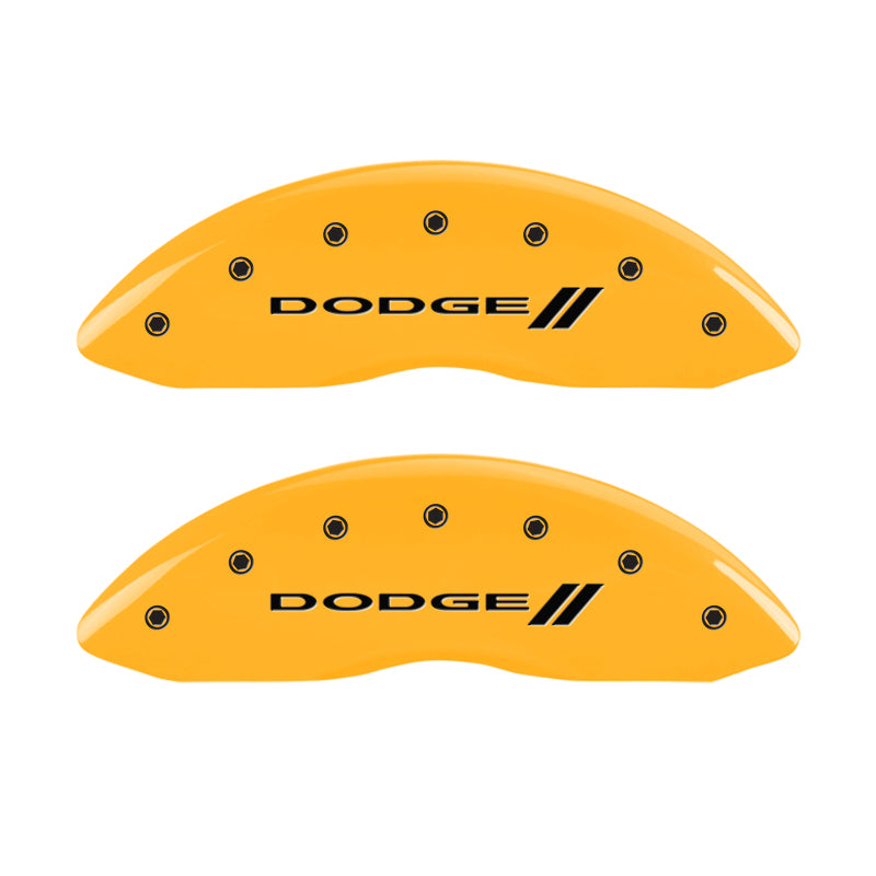 Load image into Gallery viewer, MGP 4 Caliper Covers Engraved Front &amp; Rear With stripes/Dodge Yellow finish black ch
