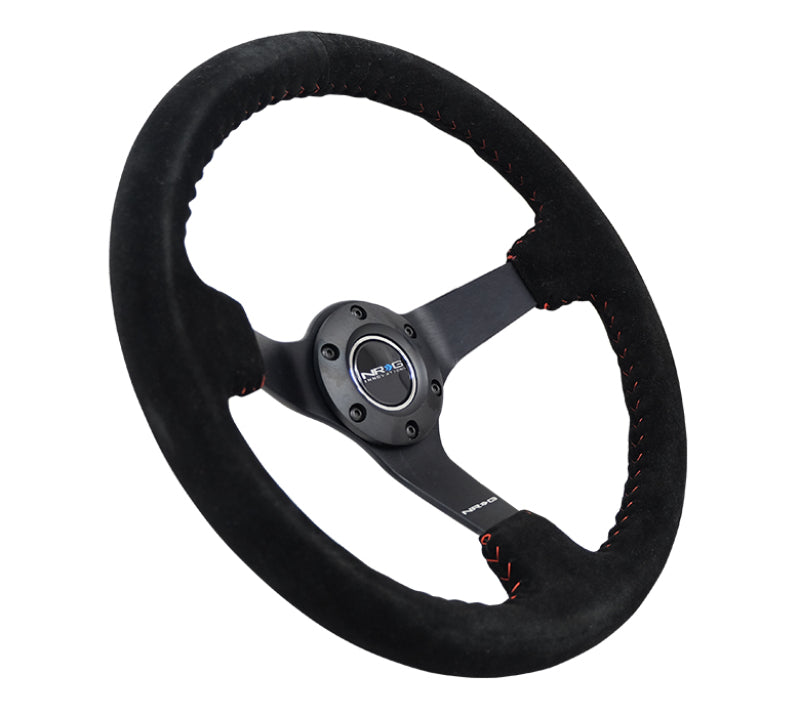 Load image into Gallery viewer, NRG Reinforced Steering Wheel (350mm / 3in. Deep) Blk Suede/Red BBall Stitch w/5mm Matte Blk Spokes
