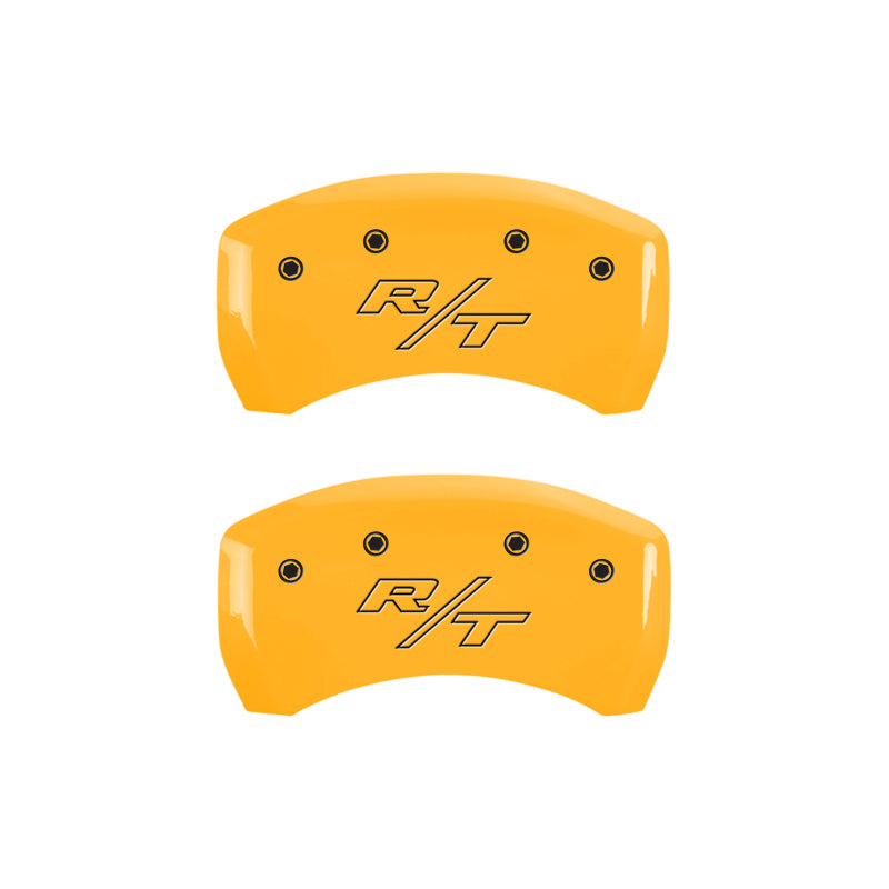 Load image into Gallery viewer, MGP 4 Caliper Covers Engrvd Front Block/Challenger Engrvd Rear Vintage Style/RT Yellow fnsh Blk ch
