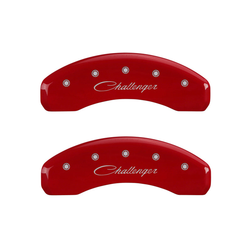 Load image into Gallery viewer, MGP 4 Caliper Covers Engraved Front &amp; Rear Cursive/Challenger Red finish silver ch
