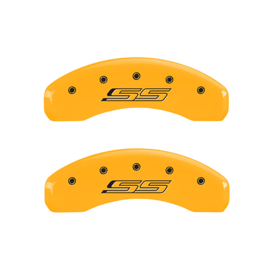MGP 4 Caliper Covers Engraved Front Gen 5/Camaro Engraved Rear Gen 5/SS Yellow finish black ch
