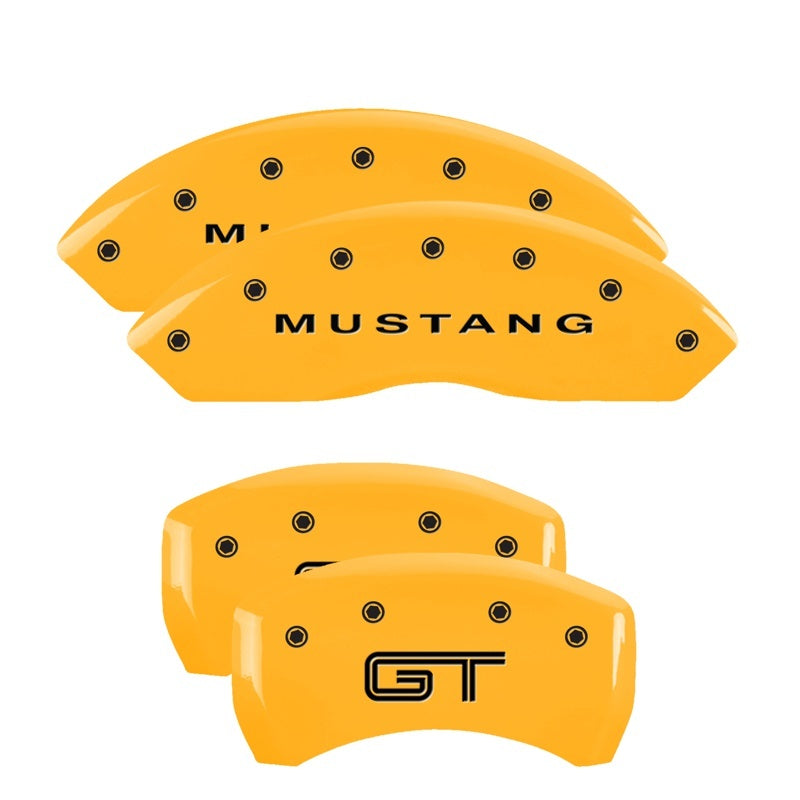 Load image into Gallery viewer, MGP 4 Caliper Covers Engraved Front Mustang - Engraved Rear S197/GT - Yellow Finish Blk Characters
