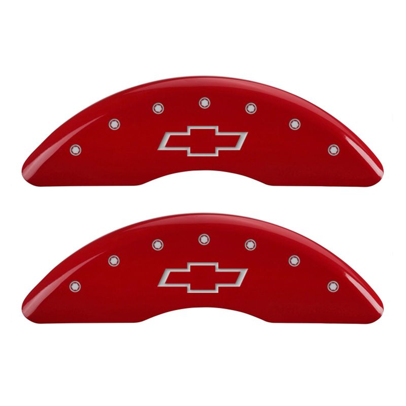 Load image into Gallery viewer, MGP 4 Caliper Covers Engraved Front &amp; Rear Bowtie Red finish silver ch
