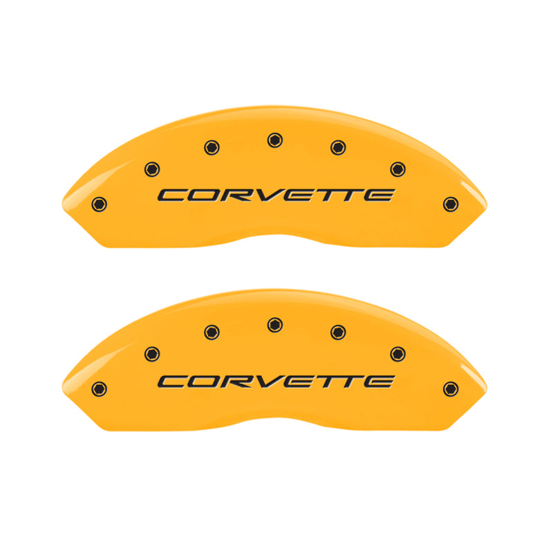 Load image into Gallery viewer, MGP 4 Caliper Covers Engraved Front C5/Corvette Engraved Rear C5/Z06 Yellow finish black ch
