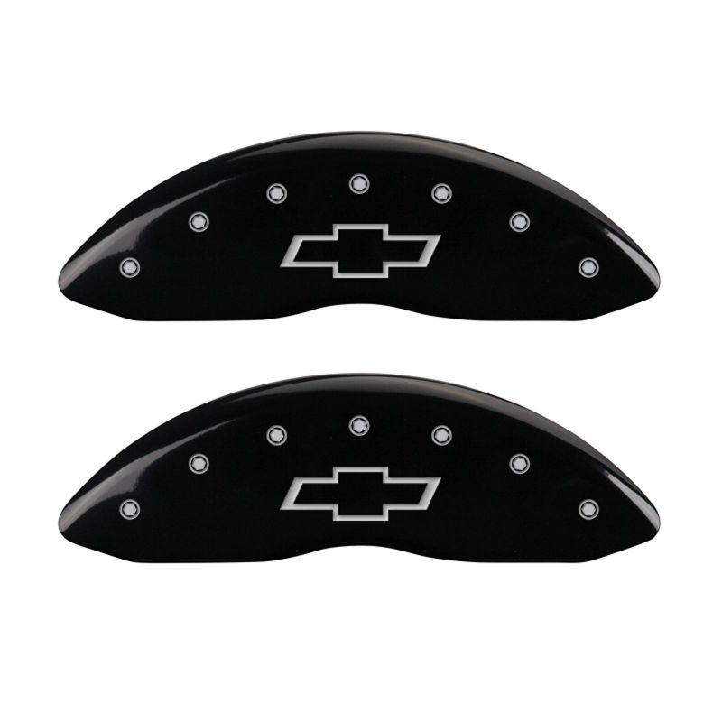 Load image into Gallery viewer, MGP 4 Caliper Covers Engraved Front &amp; Rear Bowtie Black finish silver ch
