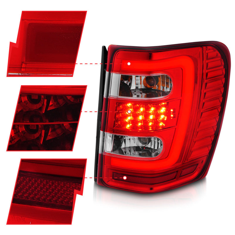 Load image into Gallery viewer, ANZO 1999-2004 Jeep Grand Cherokee LED Tail Lights w/ Light Bar Chrome Housing Red/Clear Lens
