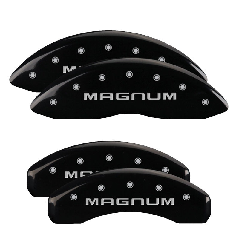 Load image into Gallery viewer, MGP 4 Caliper Covers Engraved Front &amp; Rear Magnum Black finish silver ch
