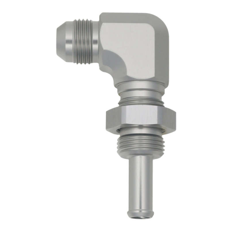 Load image into Gallery viewer, DeatschWerks 8AN Male Flare to 90-Degree 3/8in Single Hose Barb - Anodized DW Titanium
