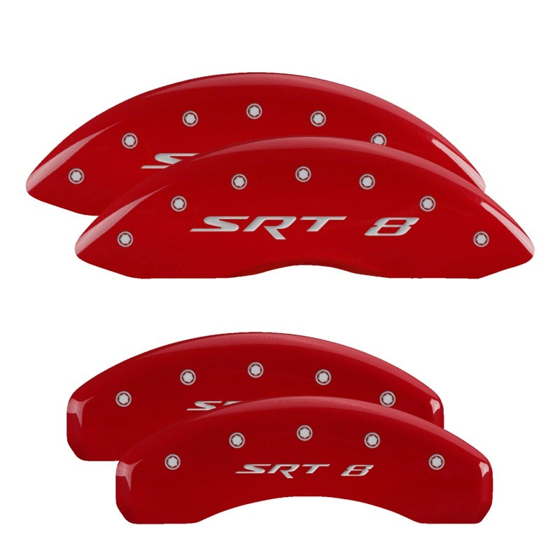 Load image into Gallery viewer, MGP 4 Caliper Covers Engraved Front &amp; Rear SRT8 Red finish silver ch
