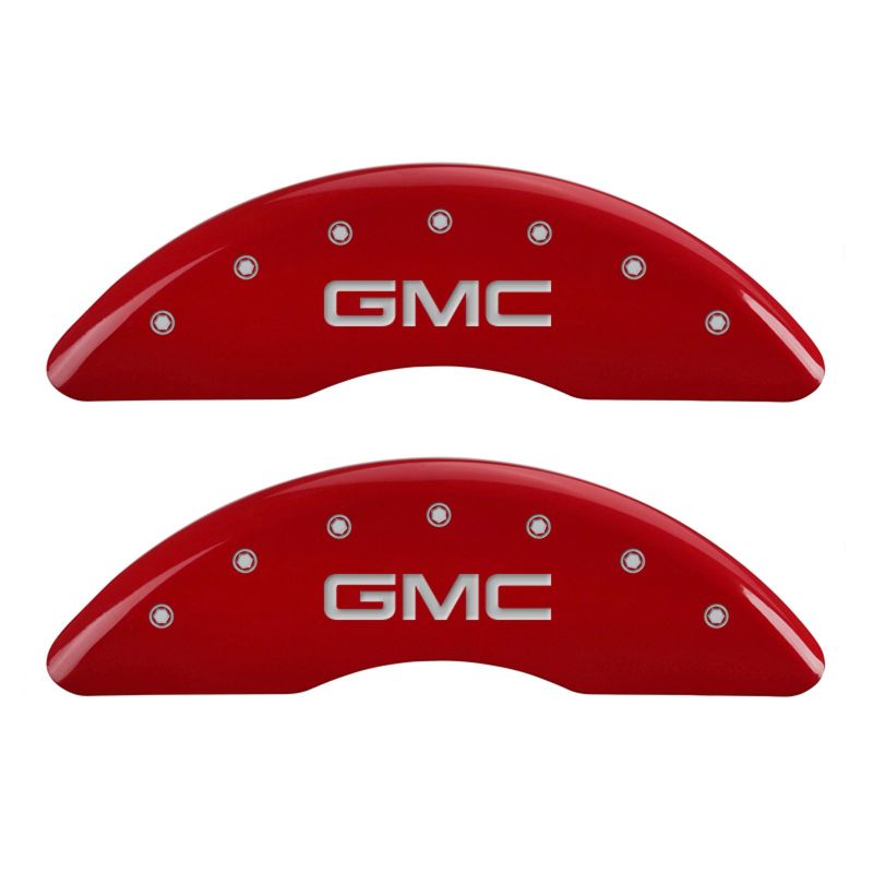 Load image into Gallery viewer, MGP 4 Caliper Covers Engraved Front &amp; Rear GMC Red finish silver ch
