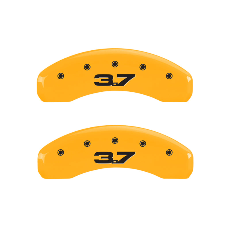 Load image into Gallery viewer, MGP 4 Caliper Covers Engraved Front 2015/Mustang Engraved Rear 2015/37 Yellow finish black ch
