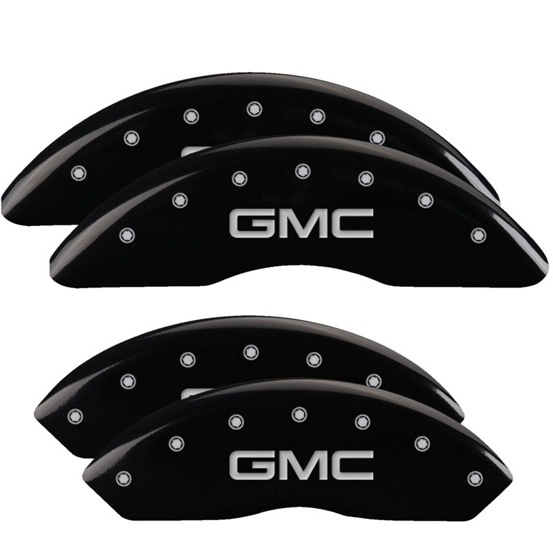 Load image into Gallery viewer, MGP 4 Caliper Covers Engraved Front &amp; Rear Denali Black finish silver ch
