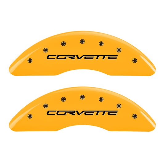 MGP 4 Caliper Covers Engraved Front C6/Corvette Engraved Rear C6/Z06 Yellow finish black ch