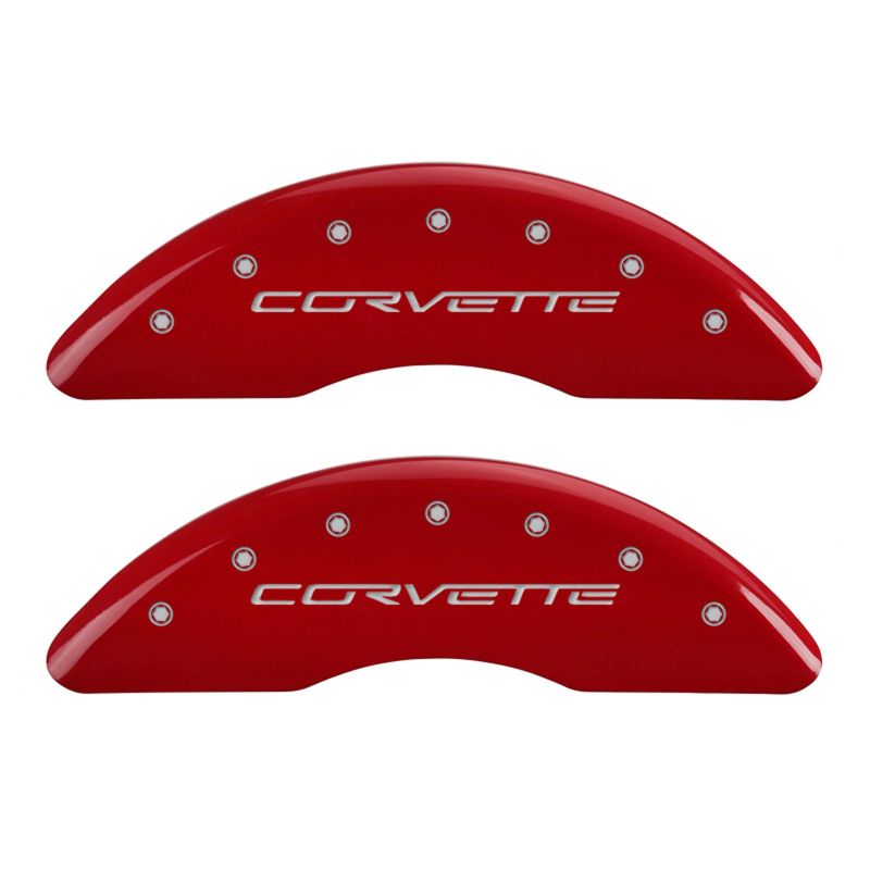 Load image into Gallery viewer, MGP 4 Caliper Covers Engraved Front C6/Corvette Engraved Rear C6/Z06 Red finish silver ch
