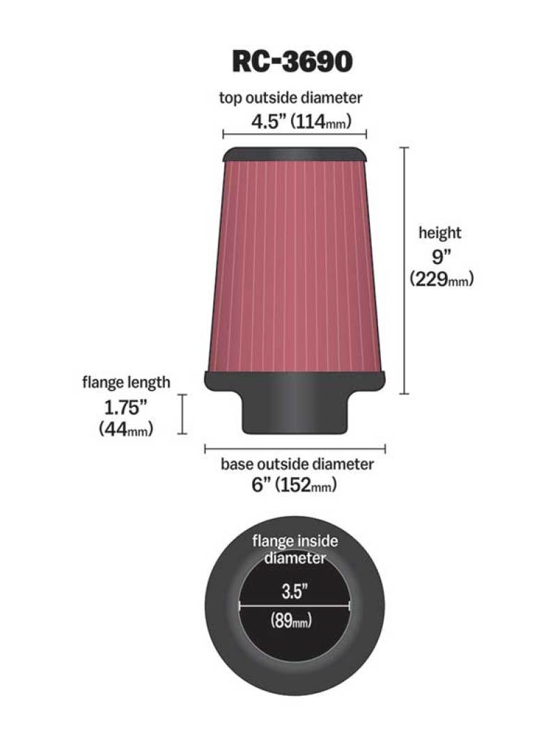 Load image into Gallery viewer, K&amp;N Universal Chrome Filter 3 1/2 inch ID FLG / 6 inch Bottom / 4 1/2 inch CR / 9 inch Length
