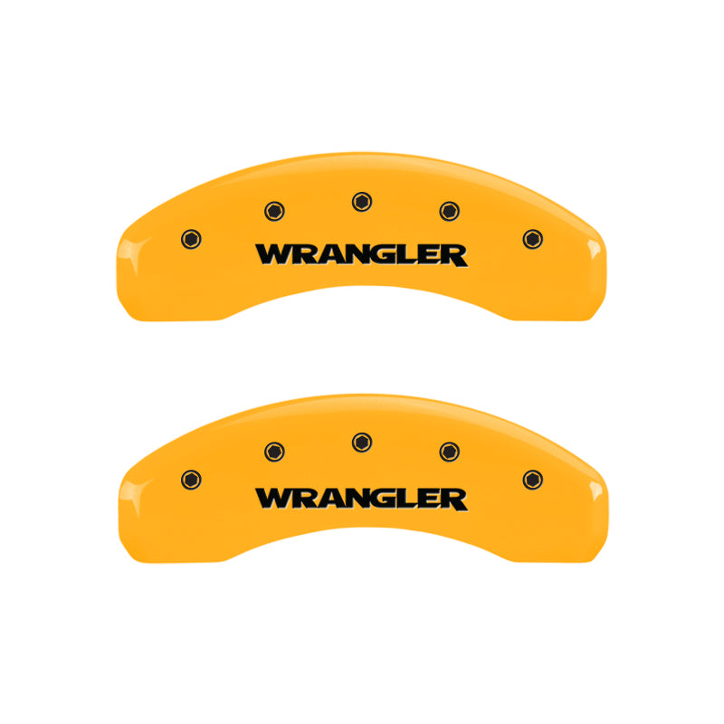 Load image into Gallery viewer, MGP 4 Caliper Covers Engraved Front &amp; Rear WRANGLER Yellow finish black ch
