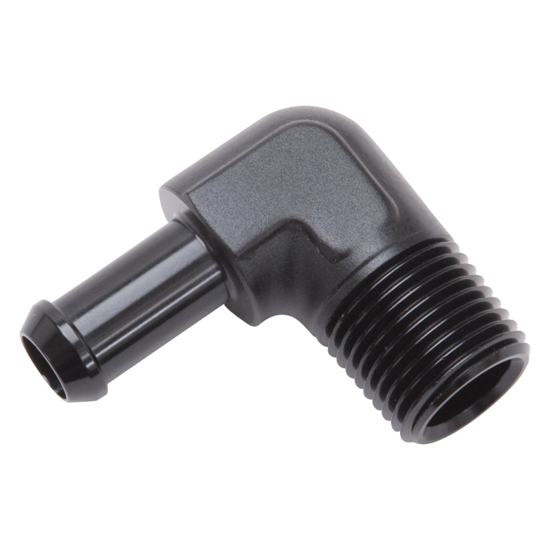 Load image into Gallery viewer, Edelbrock Hose End 90-Deg 1/2In NPT to 3/8In Barb Black Anodize
