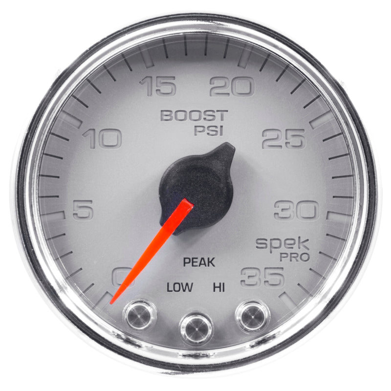 Load image into Gallery viewer, Autometer Spek-Pro Gauge Boost 2 1/16in 35psi Stepper Motor W/Peak &amp; Warn Silver/Chrome
