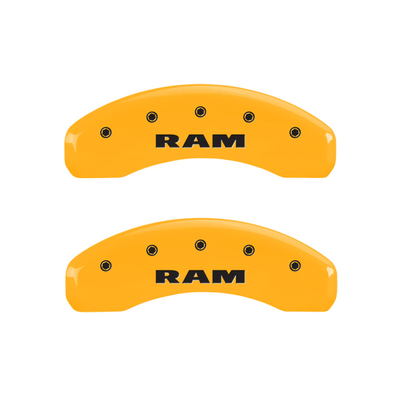 Load image into Gallery viewer, MGP 4 Caliper Covers Engraved Front &amp; Rear RAM Yellow finish black ch
