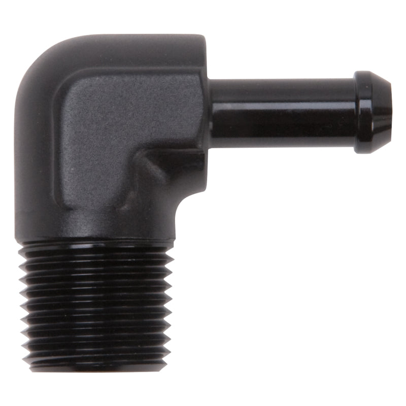 Load image into Gallery viewer, Edelbrock Hose End 90-Deg 1/2In NPT to 3/8In Barb Black Anodize
