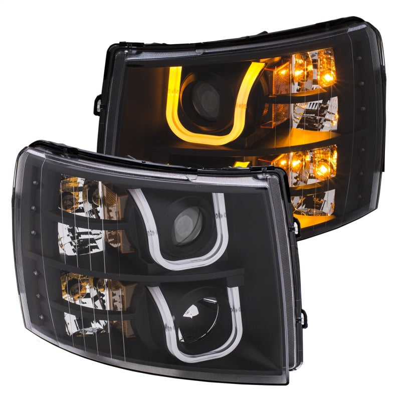 Load image into Gallery viewer, ANZO 2007-2013 Chevrolet Silverado 1500/2500 Projector Headlights w/ U-Bar Switchback Black w/ Amber
