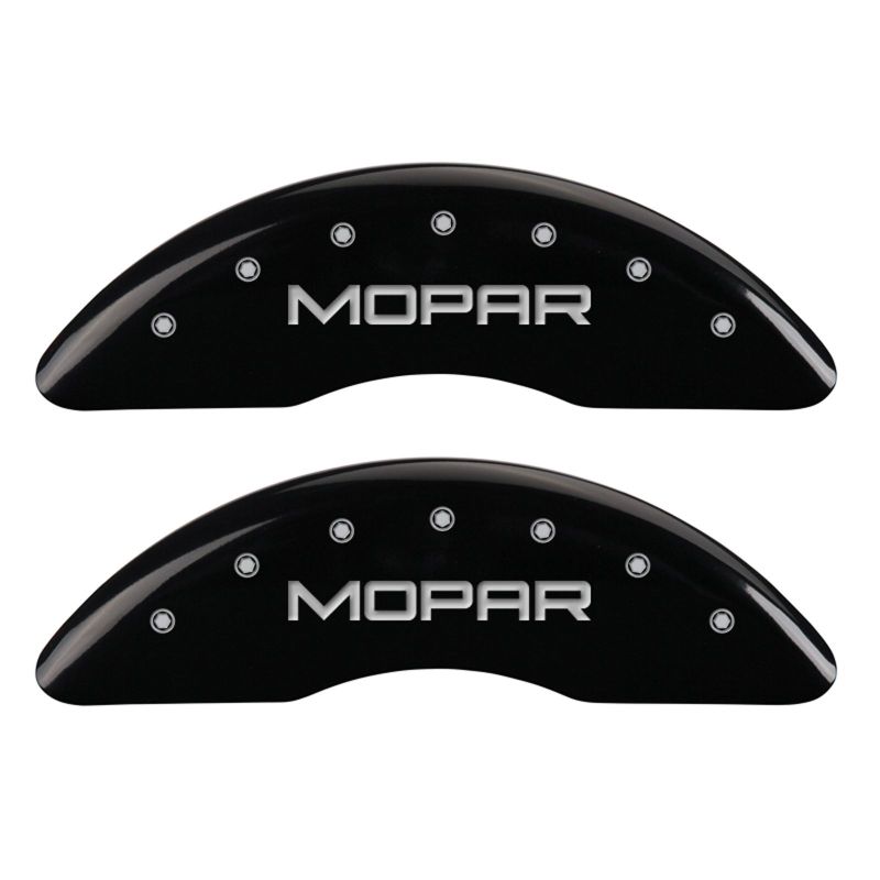 Load image into Gallery viewer, MGP 4 Caliper Covers Engraved Front &amp; Rear MOPAR Black finish silver ch

