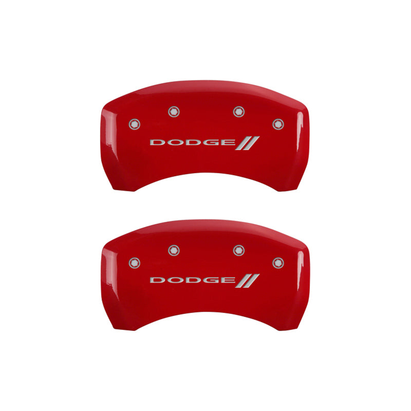 Load image into Gallery viewer, MGP 4 Caliper Covers Engraved Front &amp; Rear With stripes/Dodge Red finish silver ch
