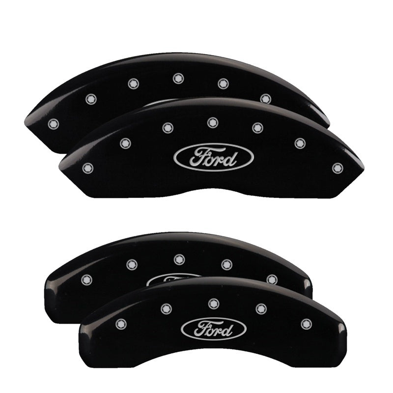Load image into Gallery viewer, MGP 4 Caliper Covers Engraved Front &amp; Rear Oval logo/Ford Black finish silver ch
