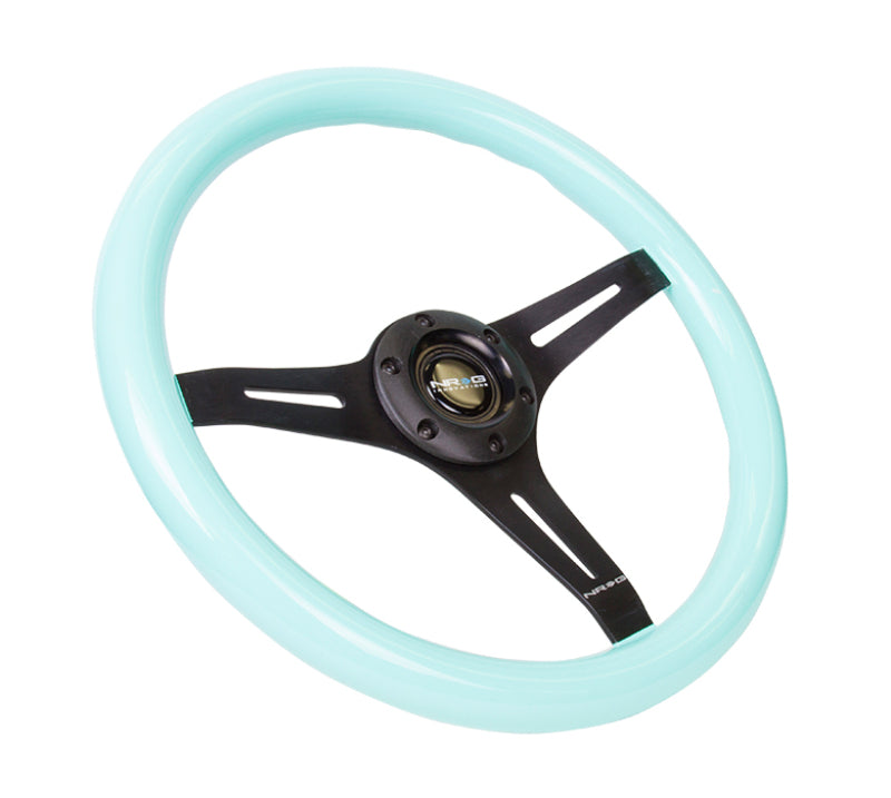 Load image into Gallery viewer, NRG Classic Wood Grain Steering Wheel (350mm) Minty Fresh Color Grip w/Black 3-Spoke Center
