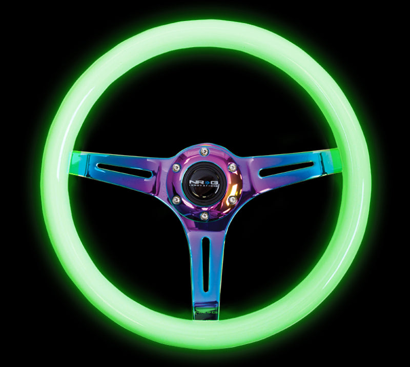 Load image into Gallery viewer, NRG Classic Wood Grain Steering Wheel (350mm) Glow-N-The-Dark Green Grip w/Neochrome 3-Spoke Center
