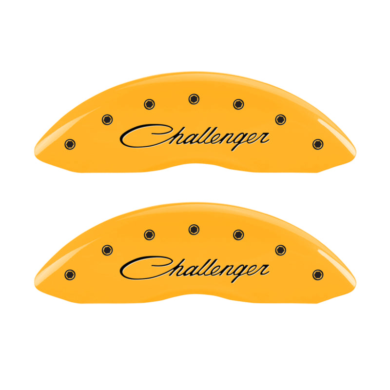 Load image into Gallery viewer, MGP 4 Caliper Covers Engraved F &amp; R Cursive/Challenger Yellow Finish Black Char 2006 Dodge Charger
