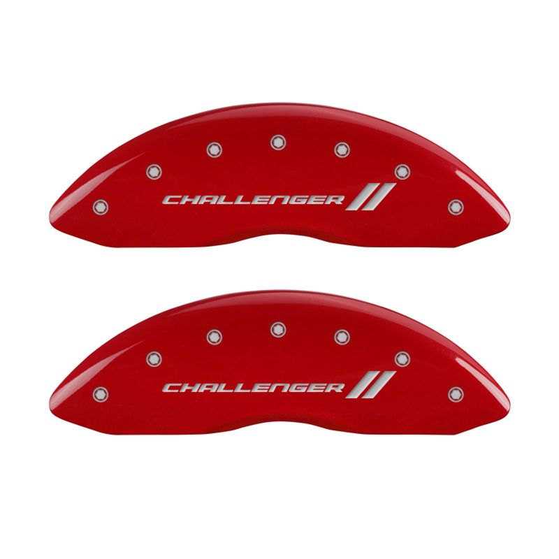 Load image into Gallery viewer, MGP 4 Caliper Covers Engraved Front &amp; Rear With stripes/Challenger Red finish silver ch
