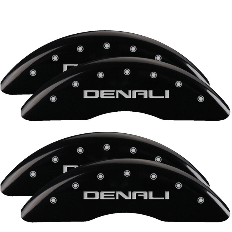 Load image into Gallery viewer, MGP 4 Caliper Covers Engraved Front &amp; Rear Denali Black finish silver ch
