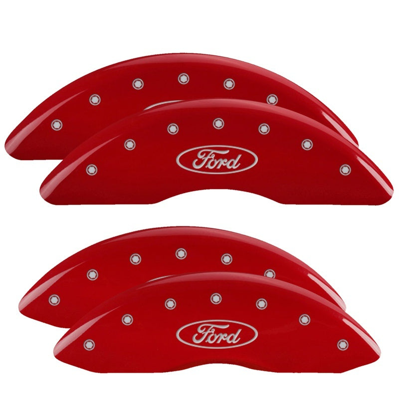 Load image into Gallery viewer, MGP 4 Caliper Covers Engraved Front &amp; Rear Oval logo/Ford Red finish silver ch
