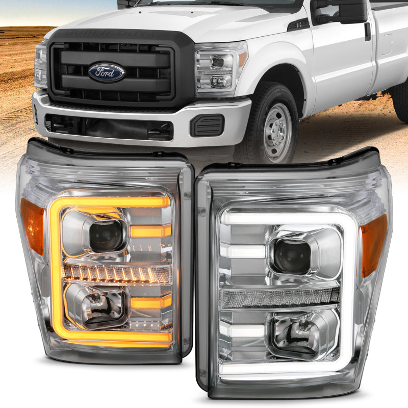 Load image into Gallery viewer, ANZO 11-16 Ford F-250/F-350/F-450 Projector Headlights w/ Plank Style Switchback Chrome w/Amber
