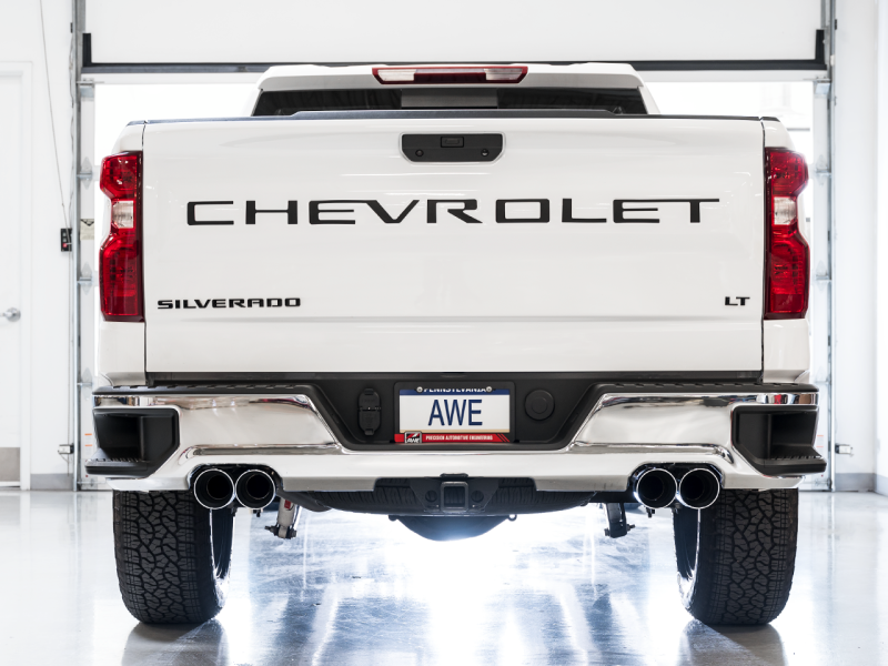 Load image into Gallery viewer, AWE Tuning 4th Gen GM 1500 5.3L 0FG Cat-Back Split Rear Exit (w/ Bumper Cutouts) - Quad Chrome Tips

