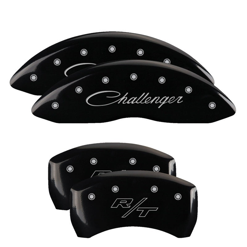 Load image into Gallery viewer, MGP 4 Caliper Covers Engraved Front Cursive/Challenger Engraved Rear RT Black finish silver ch
