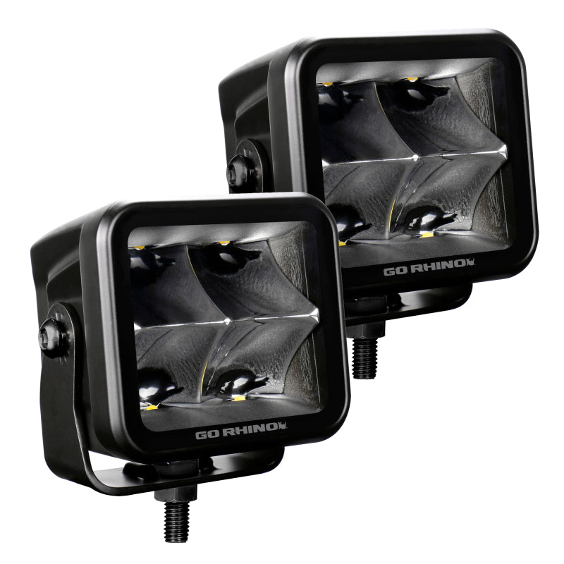 Load image into Gallery viewer, Go Rhino Xplor Blackout Series Cube LED Spot Light Kit (Surface/Threaded Stud Mnt) 3x3 - Blk (Pair)
