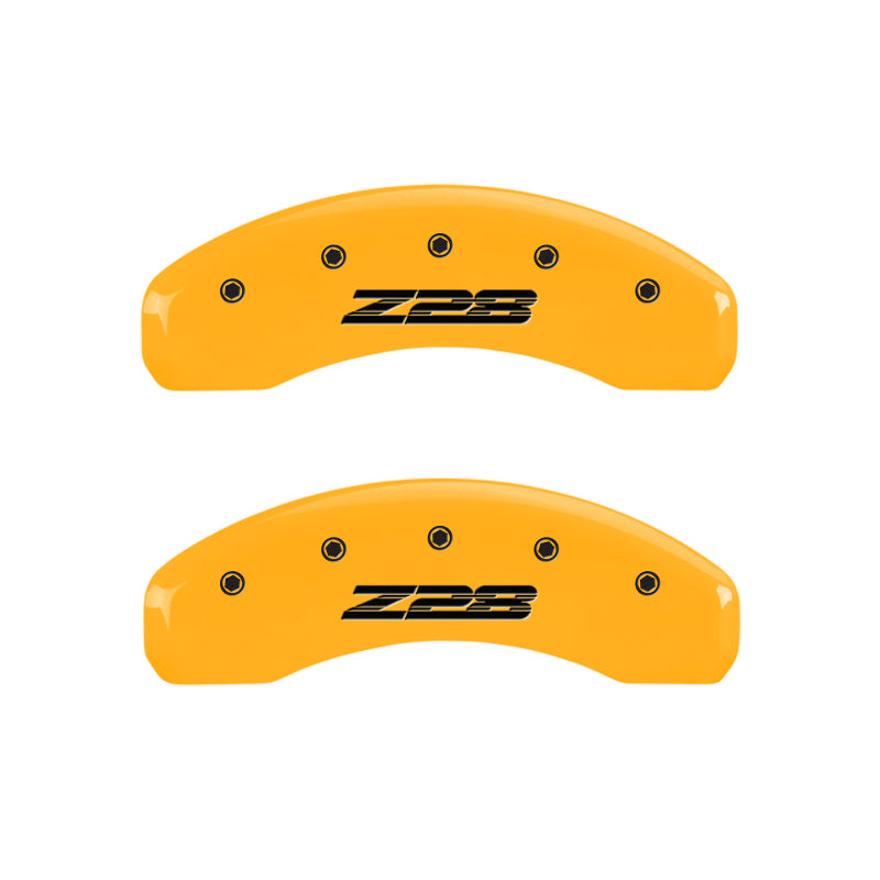 Load image into Gallery viewer, MGP 4 Caliper Covers Engraved Front Gen 5/Camaro Engraved Rear Gen 5/Z28 Yellow finish black ch
