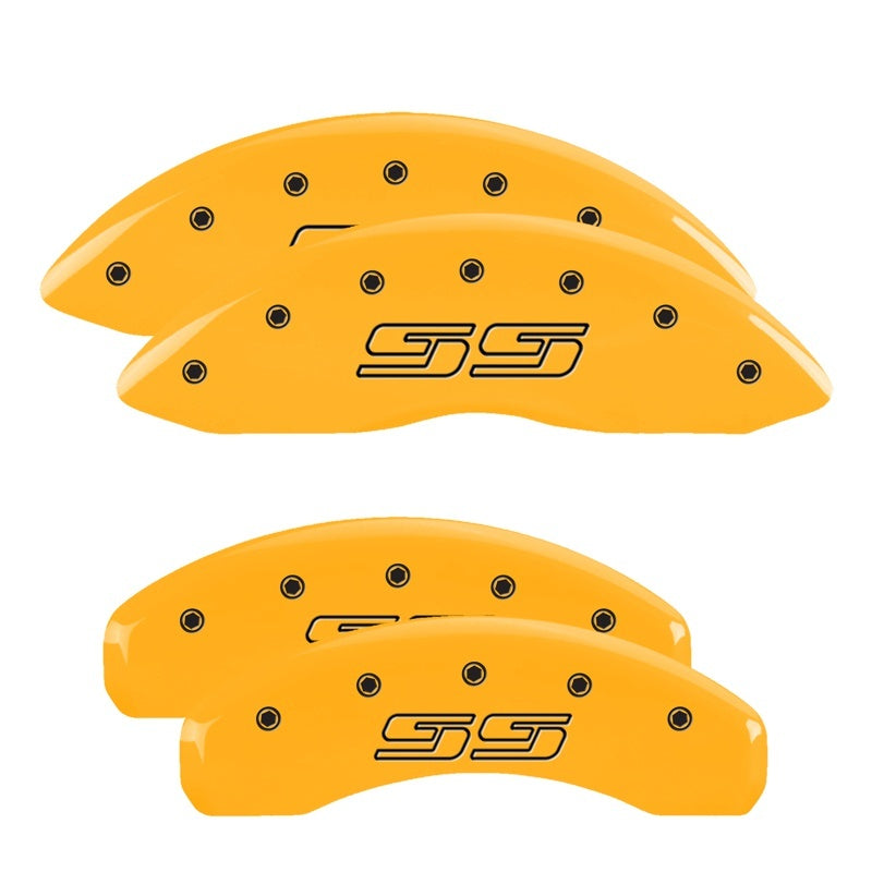 Load image into Gallery viewer, MGP 4 Caliper Covers Engraved Front &amp; Rear Avalanche style/SS Yellow finish black ch
