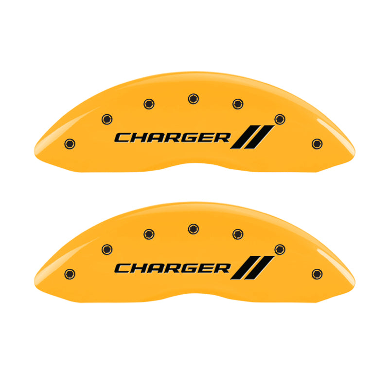 Load image into Gallery viewer, MGP 4 Caliper Covers Engraved Front &amp; Rear With stripes/Charger Yellow finish black ch
