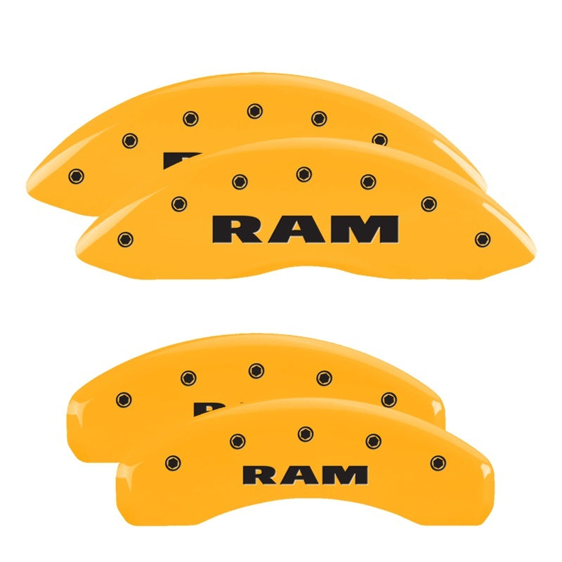 Load image into Gallery viewer, MGP 4 Caliper Covers Engraved Front &amp; Rear Ram Yellow Finish Black Char 2007 Dodge Durango
